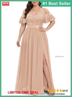Plus Size Sequin Lace Off Shoulder A-Line Maxi Dress Slit Formal